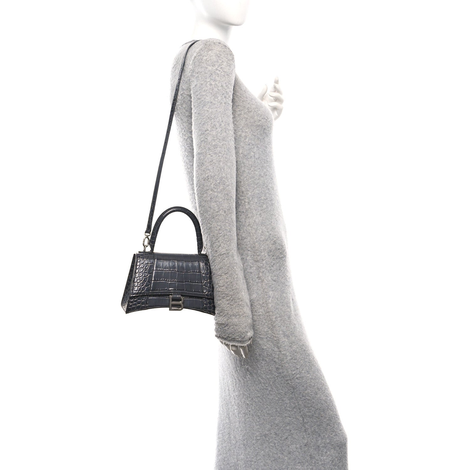 Balenciaga Shiny Calfskin Crocodile Embossed Small Hourglass Top Handle Bag Dark Grey 2 of 11