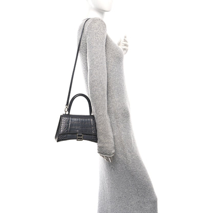Balenciaga Shiny Calfskin Crocodile Embossed Small Hourglass Top Handle Bag Dark Grey 2 of 11