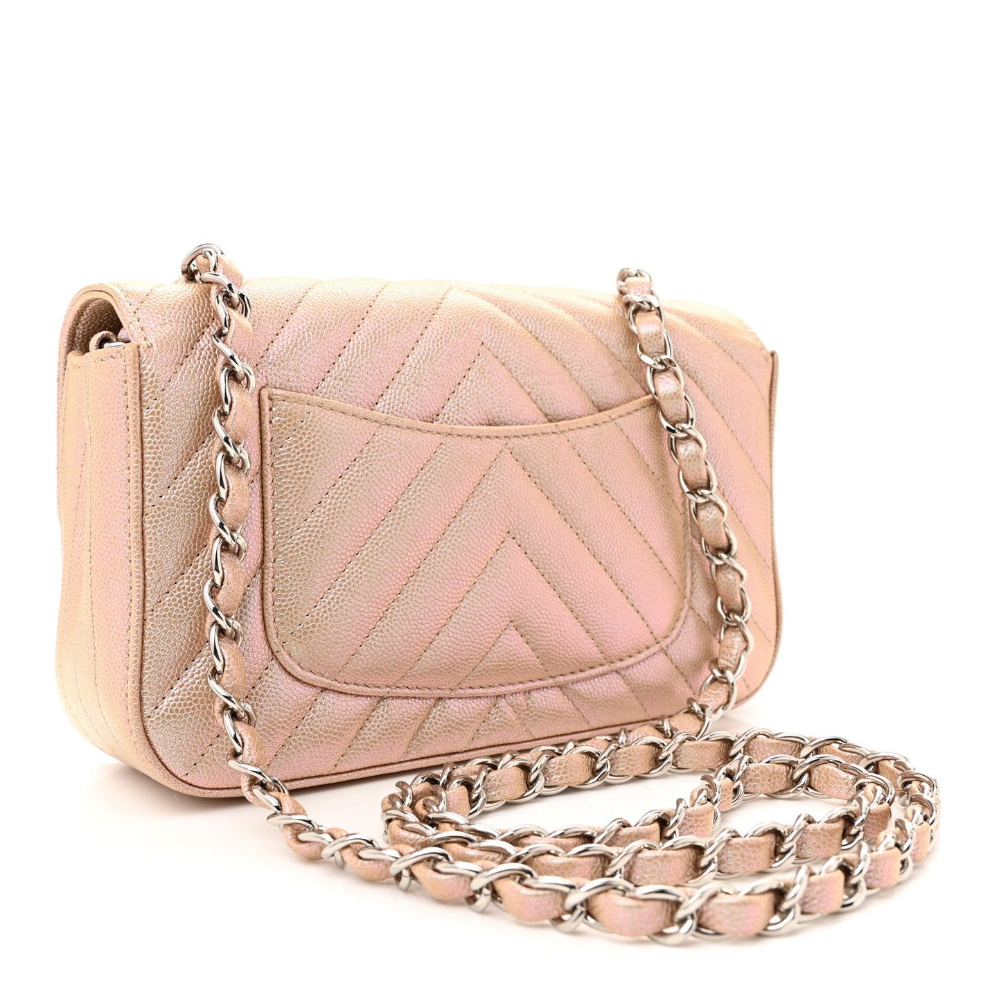 Iridescent Caviar Chevron Quilted Mini Rectangular Flap Light Gold