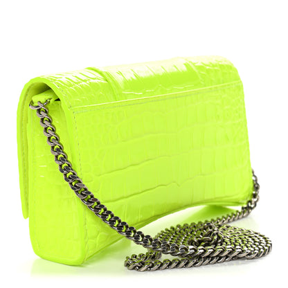 Balenciaga Shiny Calfskin Crocodile Embossed Hourglass Chain Bag Fluo Yellow 3 of 10