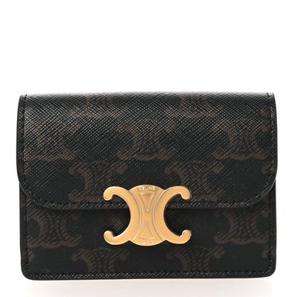 Celine Triomphe Canvas Calfskin Flap Card Holder Tan 1 of 9