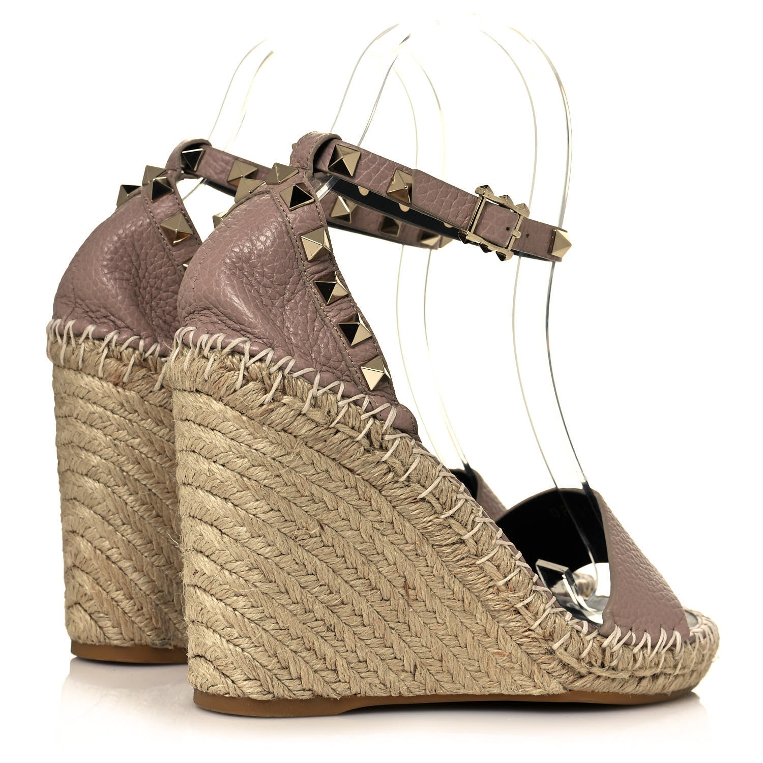 Valentino Garavani Grained Calfskin Rockstud Ankle Strap Espadrille 15/105mm Wedge Sandals 35 Poudre Natural 4 of 8