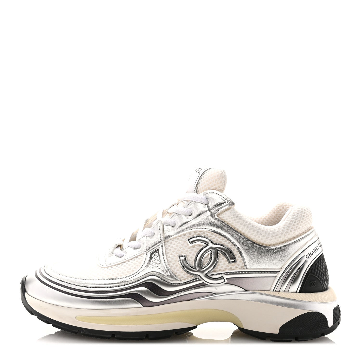 Chanel Fabric Laminated Calfskin Stretch CC Womens Sneakers 39.5 White Silver 1 of 12