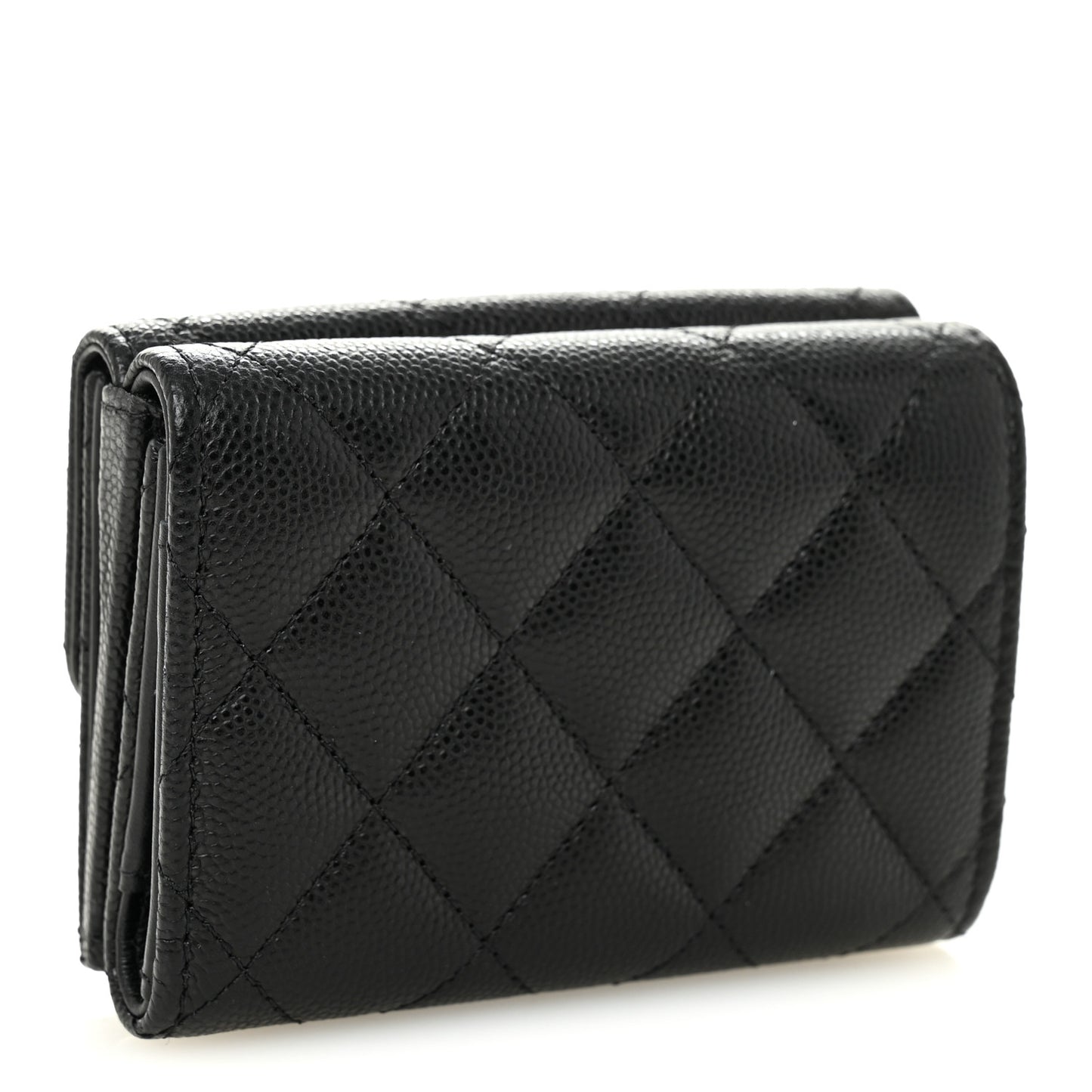 Caviar Quilted Textured CC Tri-Fold Flap Wallet Black