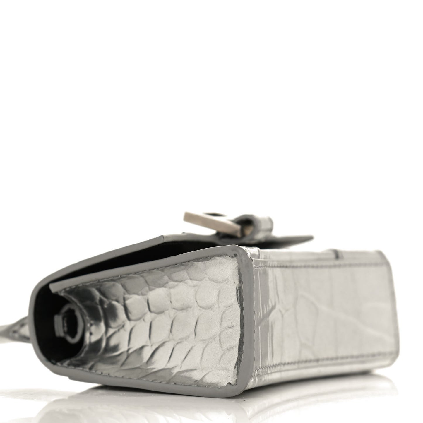 Metallic Calfskin Crocodile Embossed Hourglass Top Handle Bag Mini Silver