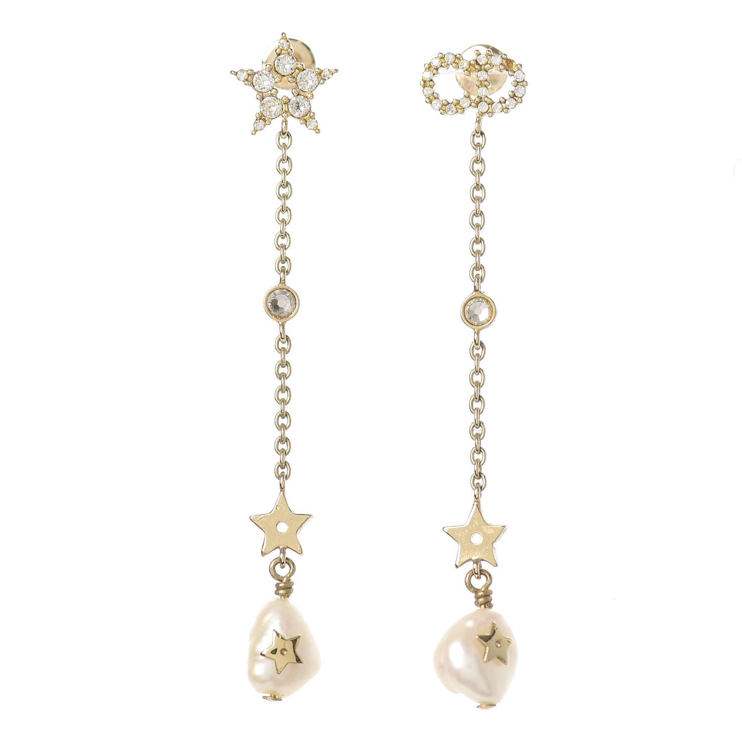 Christian Dior Pearl Crystal Shiny-D Dangle Chain Earrings Gold 1 of 4