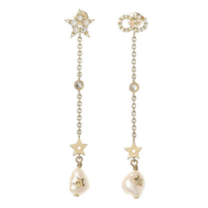 Christian Dior Pearl Crystal Shiny-D Dangle Chain Earrings Gold 1 of 4