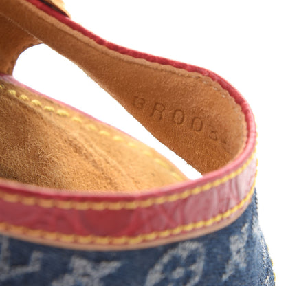 Louis Vuitton Denim Monogram Mules Peep Toe Heels 37 Blue Red 10 of 12