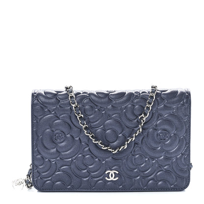 Chanel Goatskin Camellia Embossed Wallet On Chain WOC Blue 1 of 12