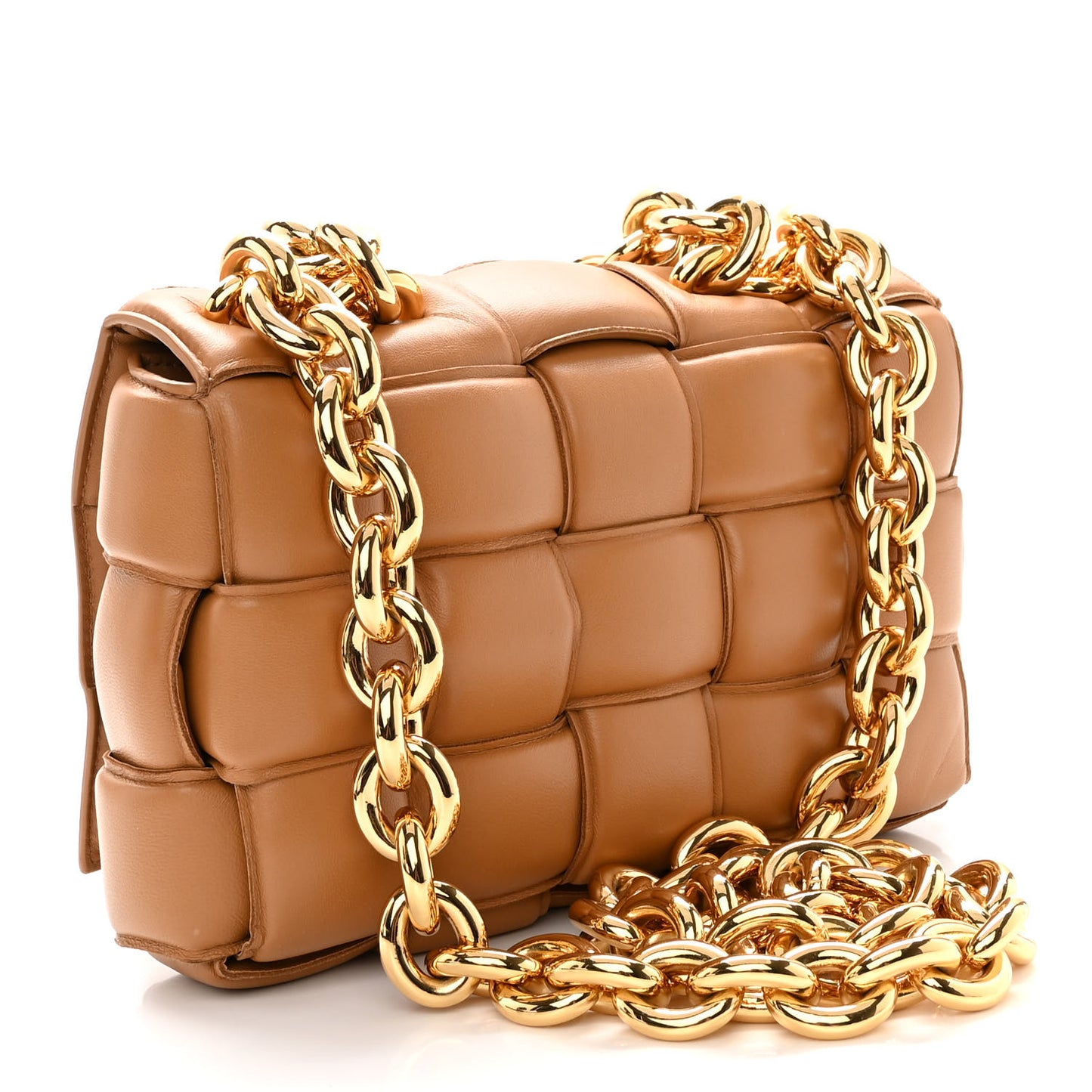 Lambskin Maxi Intreccio Padded Chain Cassette Crossbody Bag Caramel