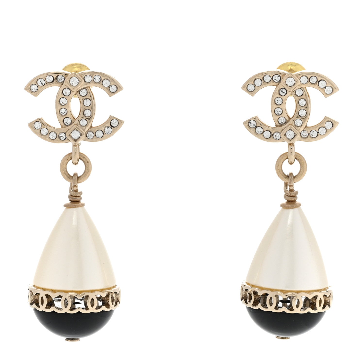 Chanel Crystal Pearl CC Fantasy Drop Earrings Gold Black 1 of 5