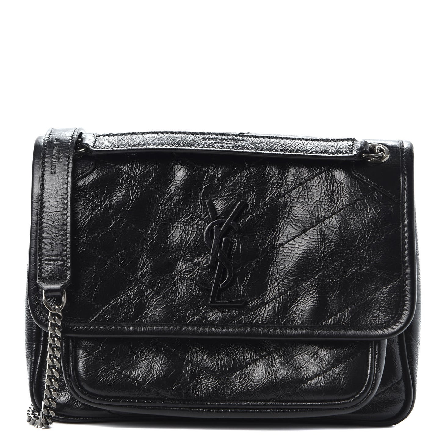 Crinkled Calfskin Matelasse Monogram Baby Niki Chain Satchel Black