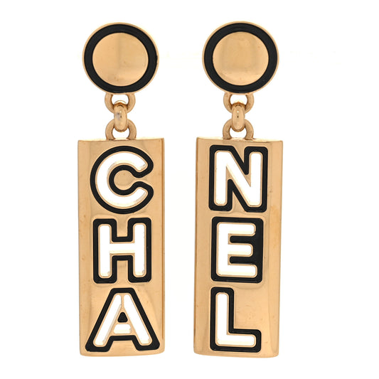 Metal Enamel Cha-Nel Logo Drop Earrings Gold Black