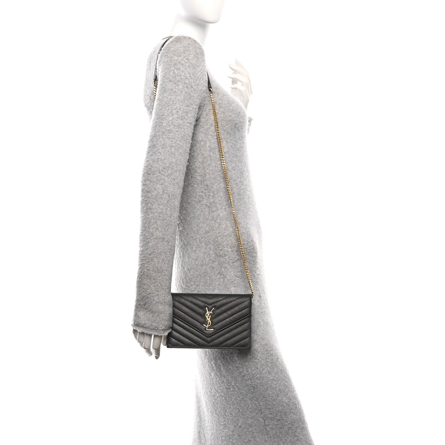 Saint Laurent Grain De Poudre Matelasse Chevron Monogram Envelope Chain Wallet Black 2 of 11