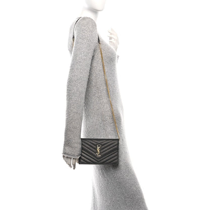 Saint Laurent Grain De Poudre Matelasse Chevron Monogram Envelope Chain Wallet Black 2 of 11