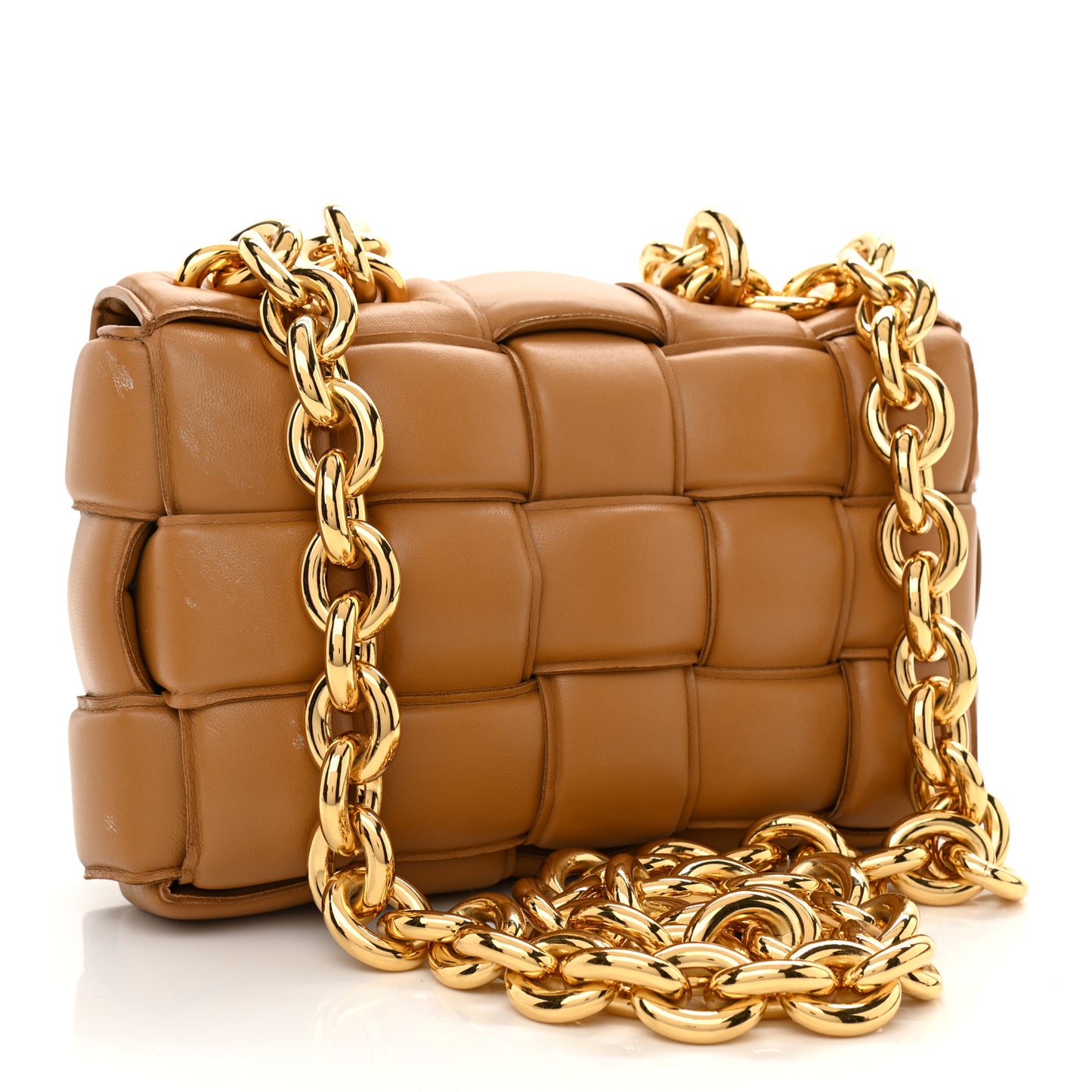 Lambskin Maxi Intreccio Padded Chain Cassette Crossbody Bag Caramel