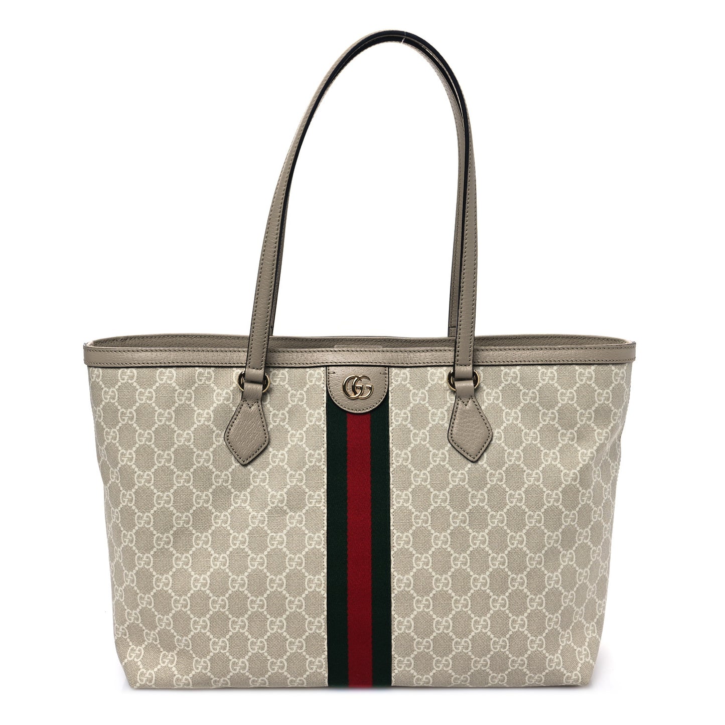 GG Supreme Monogram Textured Dollar Calfskin Web Medium Ophidia Shopping Tote Beige Mystic White Oatmeal