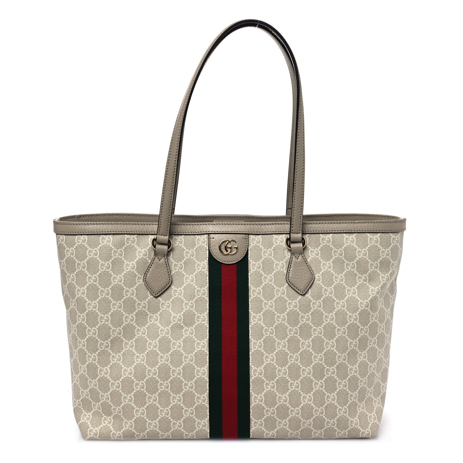 Gucci GG Supreme Monogram Textured Dollar Calfskin Web Medium Ophidia Shopping Tote Beige Mystic White Oatmeal 1 of 11