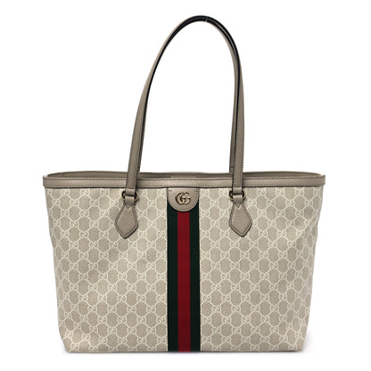 Gucci GG Supreme Monogram Textured Dollar Calfskin Web Medium Ophidia Shopping Tote Beige Mystic White Oatmeal 1 of 11
