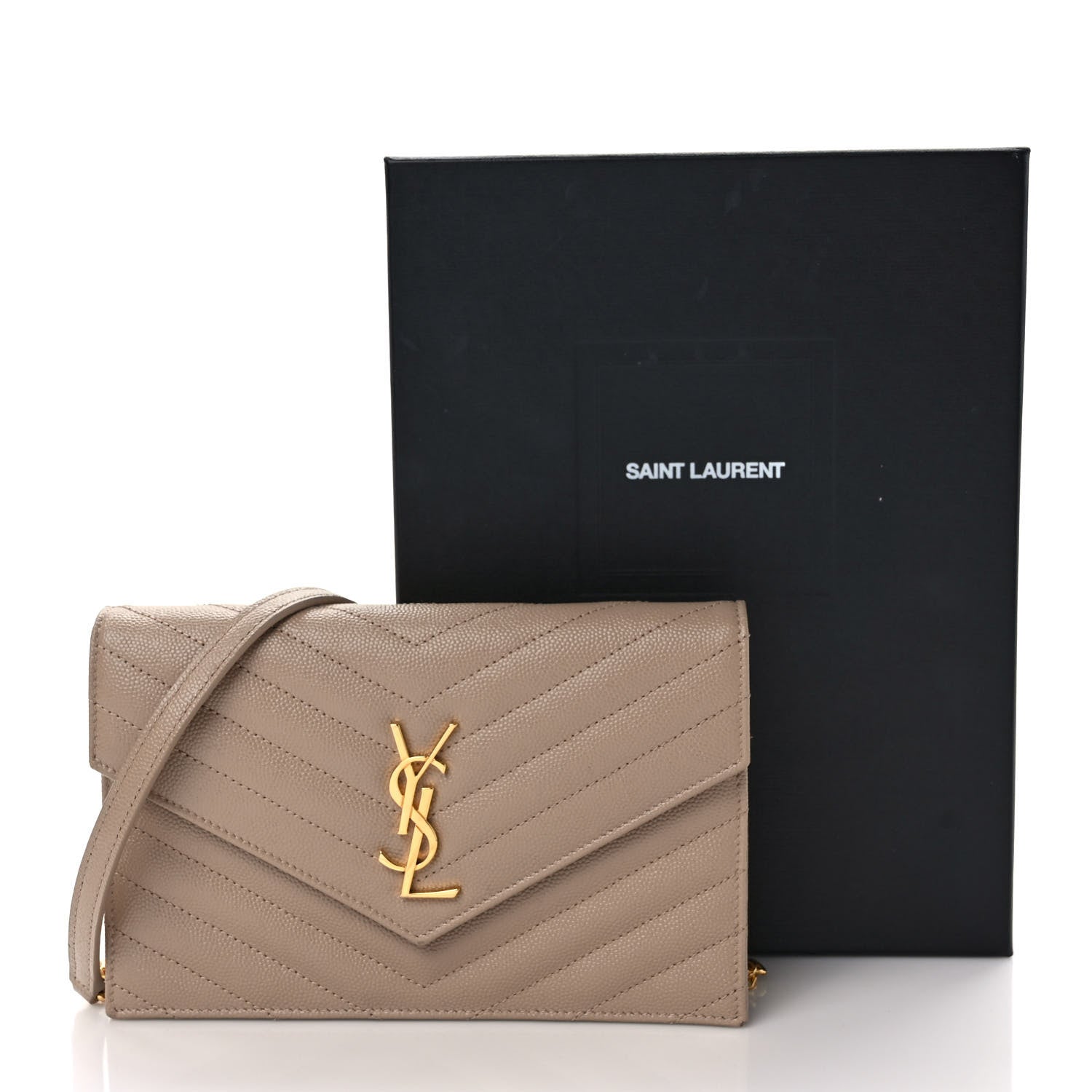 Saint Laurent Grain De Poudre Matelasse Chevron Monogram Envelope Chain Wallet Dark Beige 8 of 8