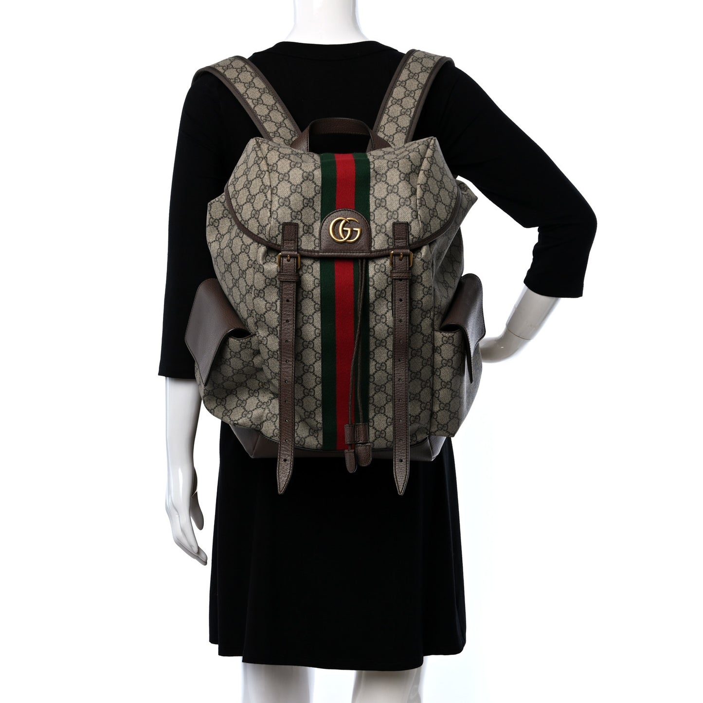 GG Supreme Monogram Medium Ophidia Double Buckle Backpack Brown