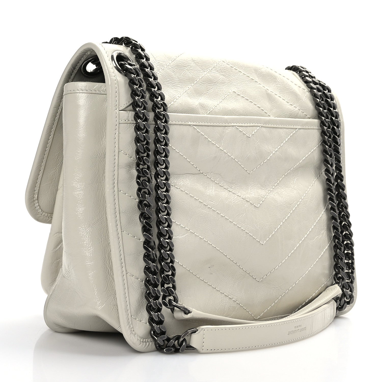Saint Laurent Crinkled Calfskin Matelasse Monogram Medium Niki Chain Satchel Blanc Vintage 3 of 9