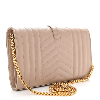 Saint Laurent Grain De Poudre Mixed Matelasse Triquilt Monogram Chain Wallet Dark Beige 3 of 9