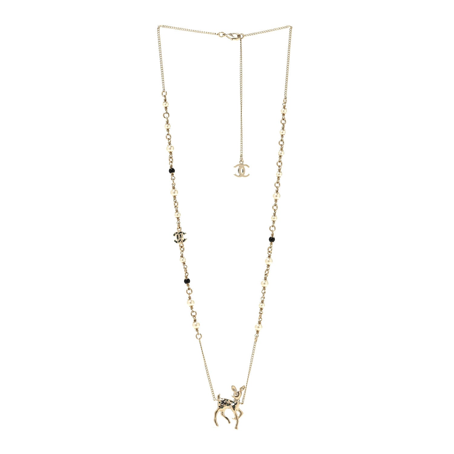 Chanel Pearl Crystal CC Deer Long Necklace Gold Green 3 of 5