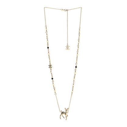 Chanel Pearl Crystal CC Deer Long Necklace Gold Green 3 of 5