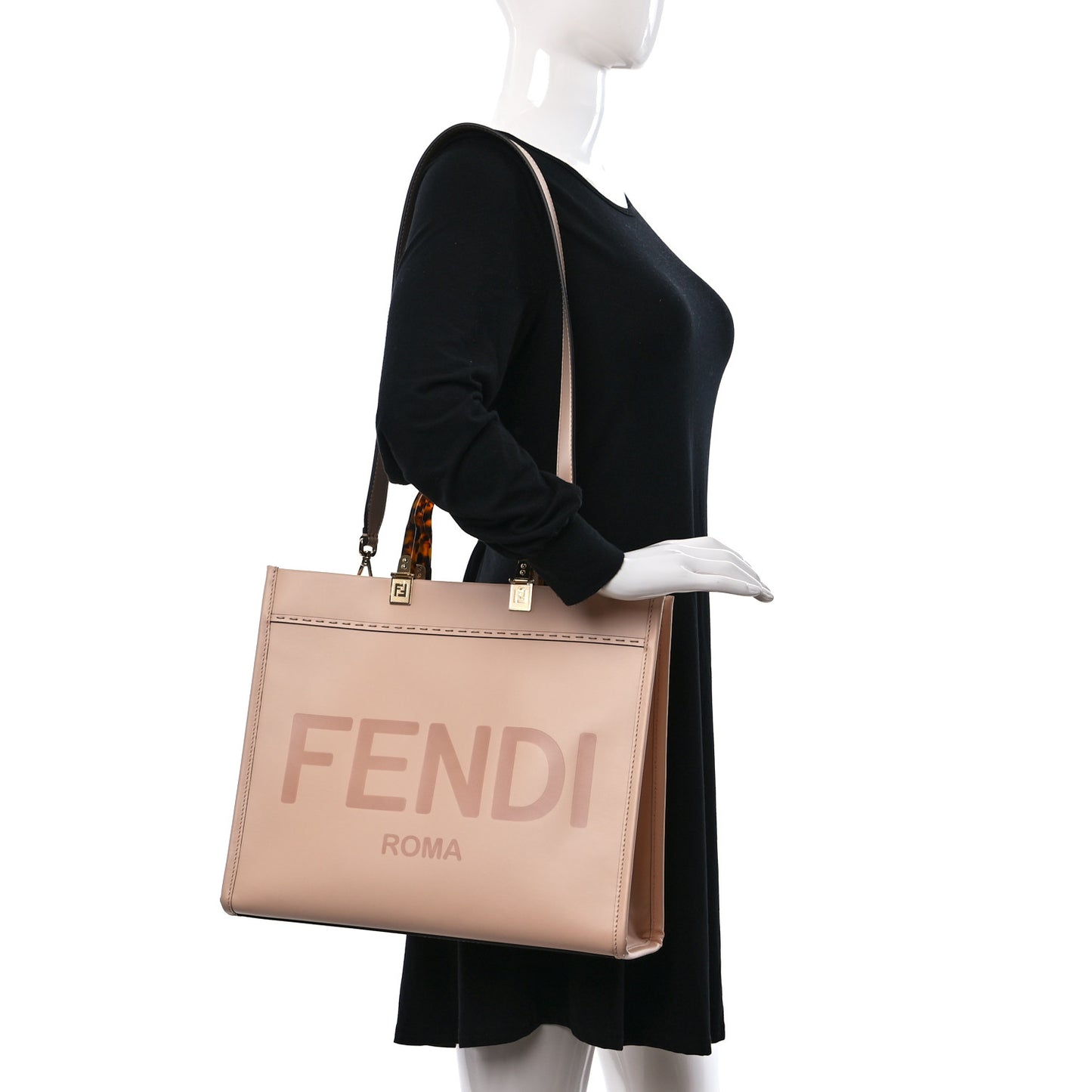 Vitello King Plexiglass Logo Embossed Medium Fendi Sunshine Shopper Tote Light Rose