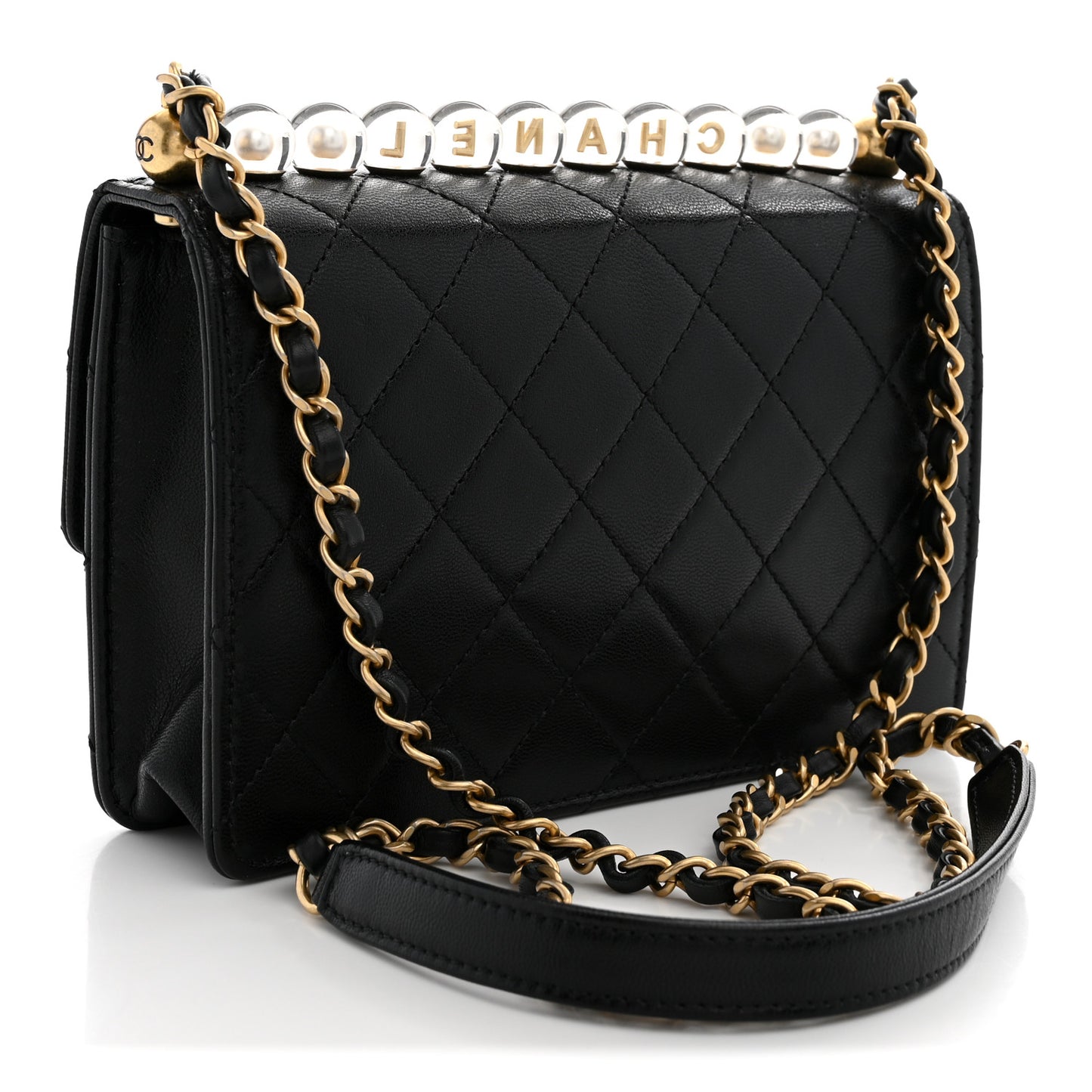 Goatskin Quilted Logo Small Chic Flap Black