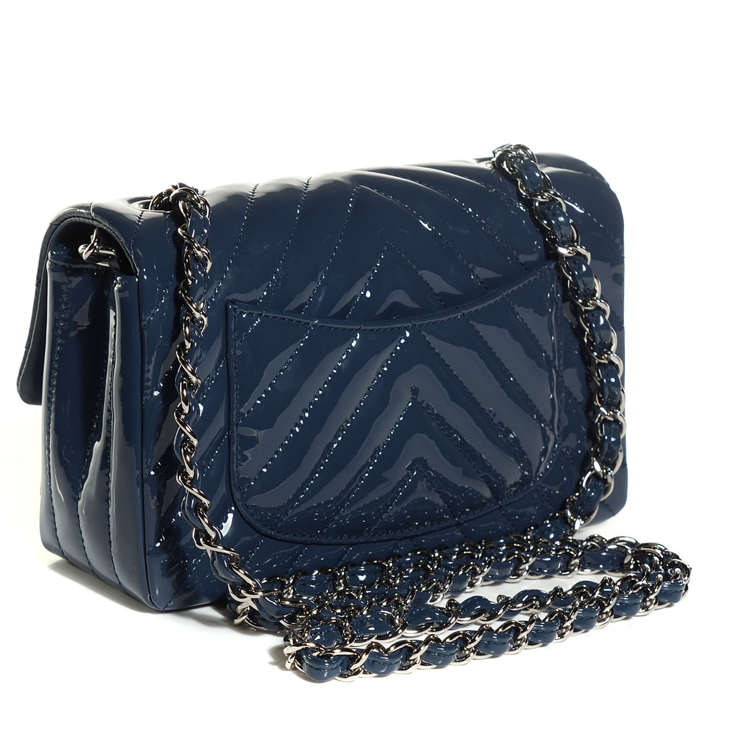 Patent Chevron Quilted Mini Rectangular Flap Navy Blue