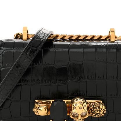 Alexander McQueen Shiny Crocodile Embossed Jeweled Satchel Black 8 of 11
