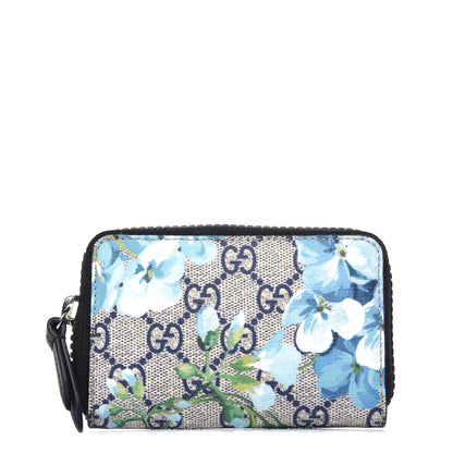 Gucci GG Supreme Monogram Blooms Zip Around Card Case Wallet Beige Blue Navy 1 of 9