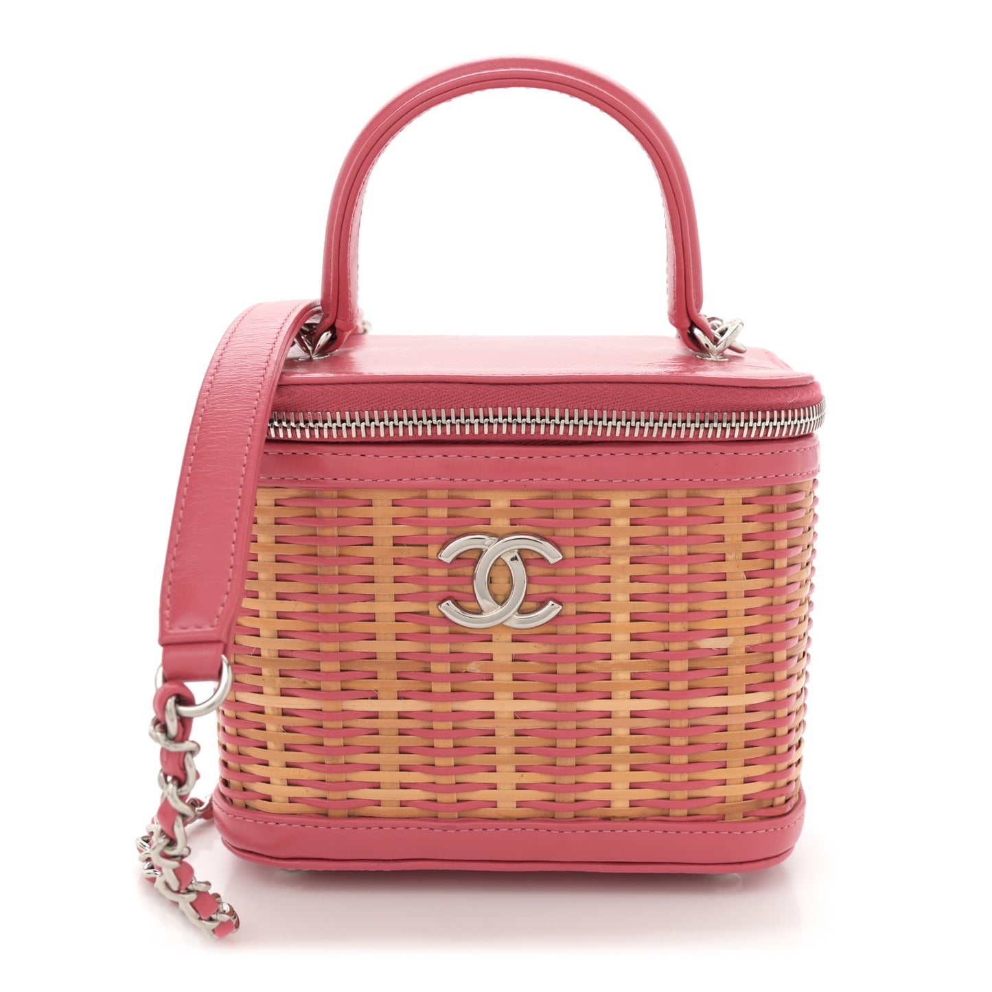 Calfskin Raffia Small Take Away Vanity Case Bag Pink Beige