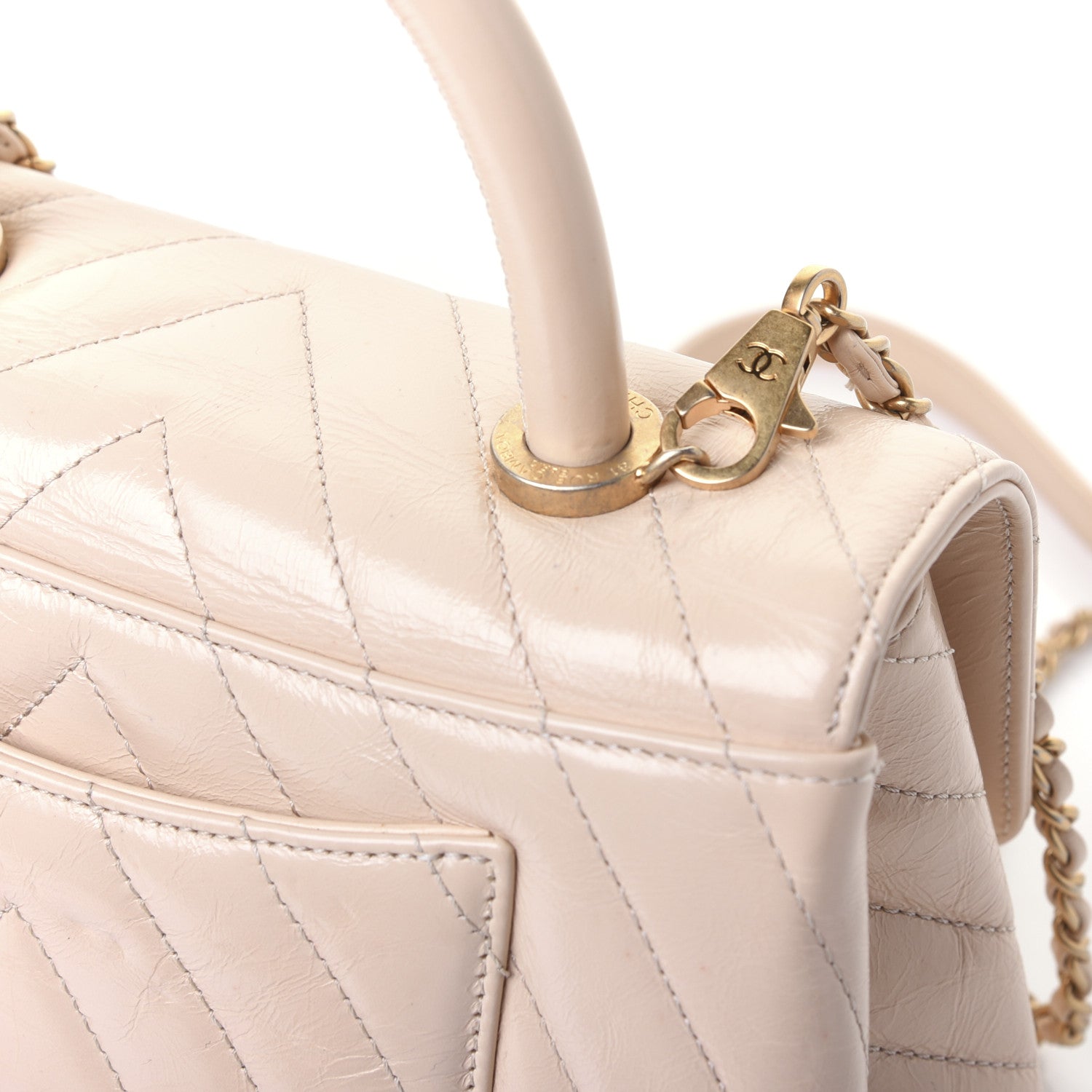 Chanel Calfskin Chevron Quilted Mini Coco Handle Flap Beige 18 of 20