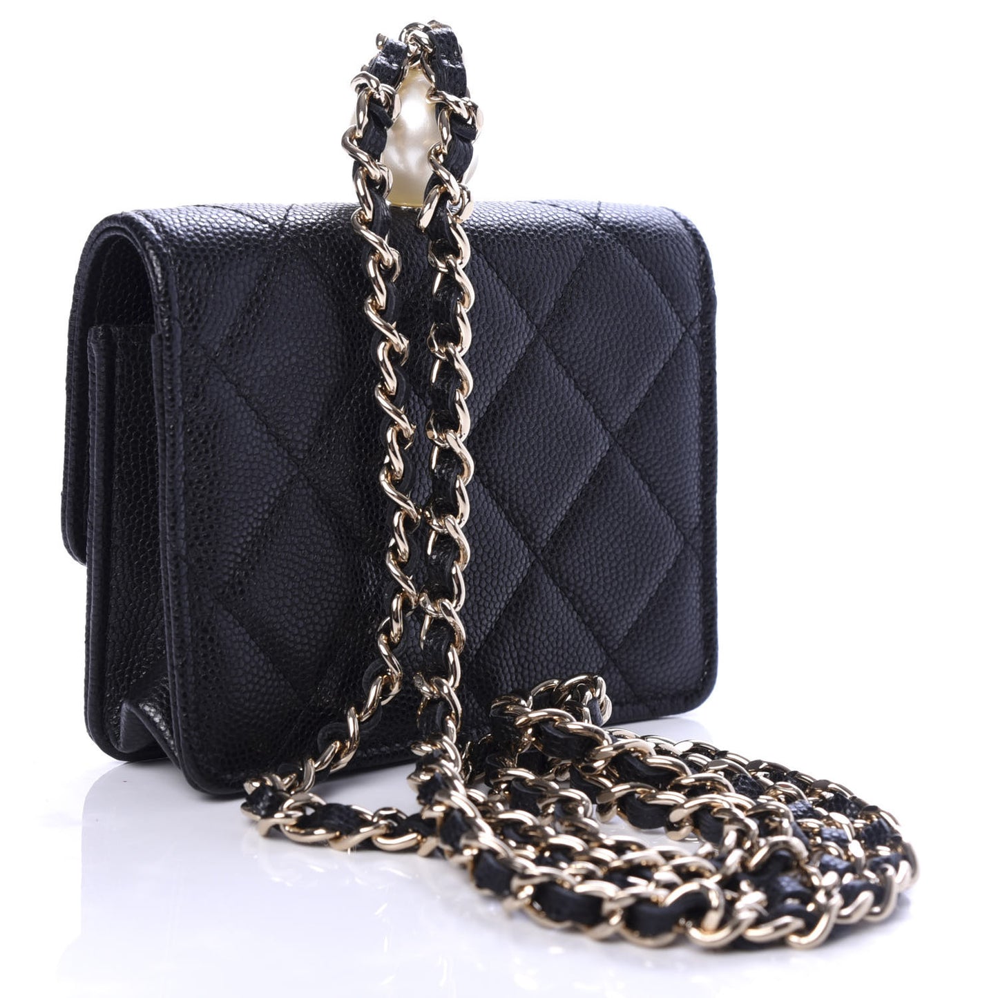 Caviar Quilted Mini Pearl On Top Coin Purse With Chain Black