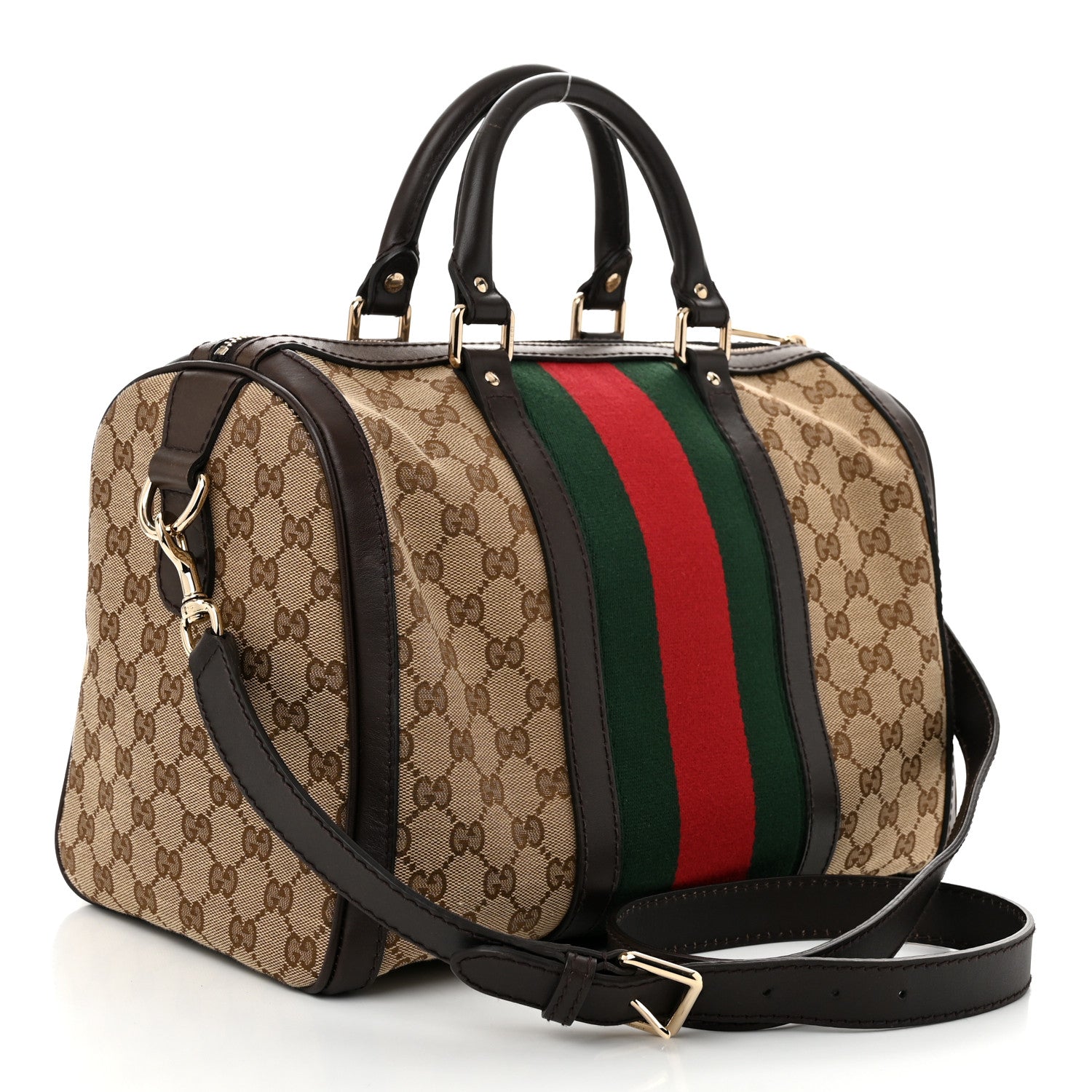 Gucci Monogram Selleria Calfskin Vintage Web Medium Boston Beige Ebony Cocoa 3 of 10