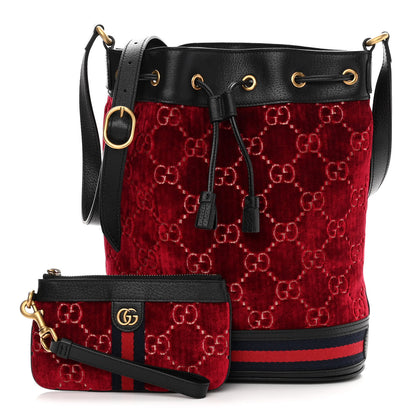 Gucci Velvet GG Monogram Textured Calfskin Web Bucket Bag Red Cipria Black 1 of 11
