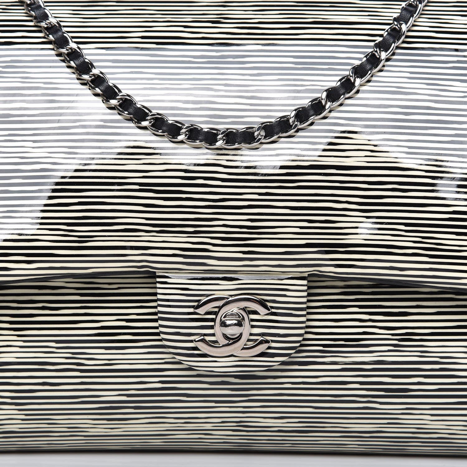 Chanel Patent Calfskin Striped Medium Double Flap Black 10 of 11