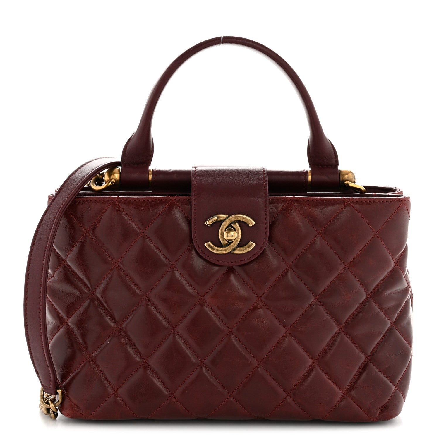 Chanel Glazed Calfskin Quilted Small Gold Bar Tote Red 1 of 15