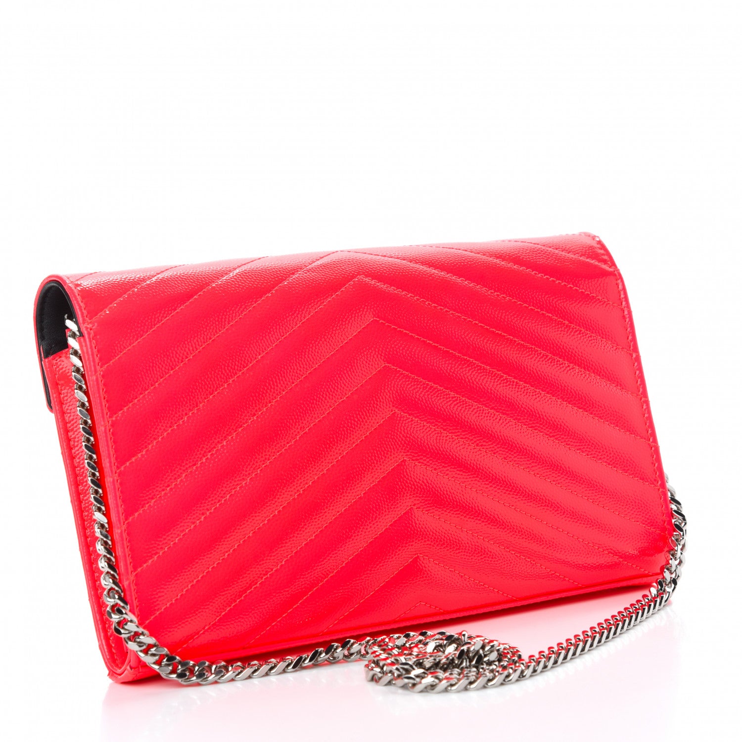 Saint Laurent Patent Grain De Poudre Matelasse Chevron Monogram Chain Wallet Neon Pink 3 of 9