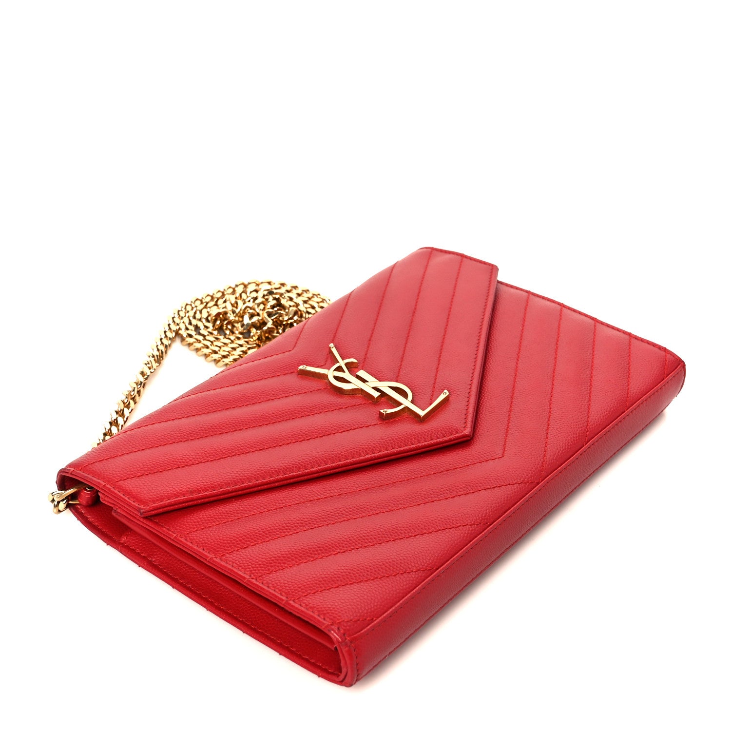 Saint Laurent Grain De Poudre Matelasse Chevron Monogram Chain Wallet Red 4 of 10