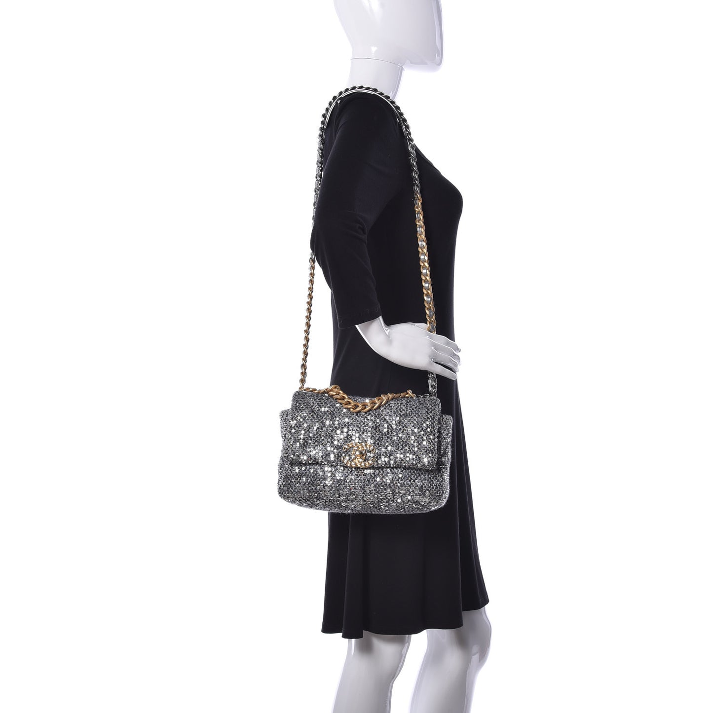 Sequin Quilted Medium Chanel 19 Flap Silver