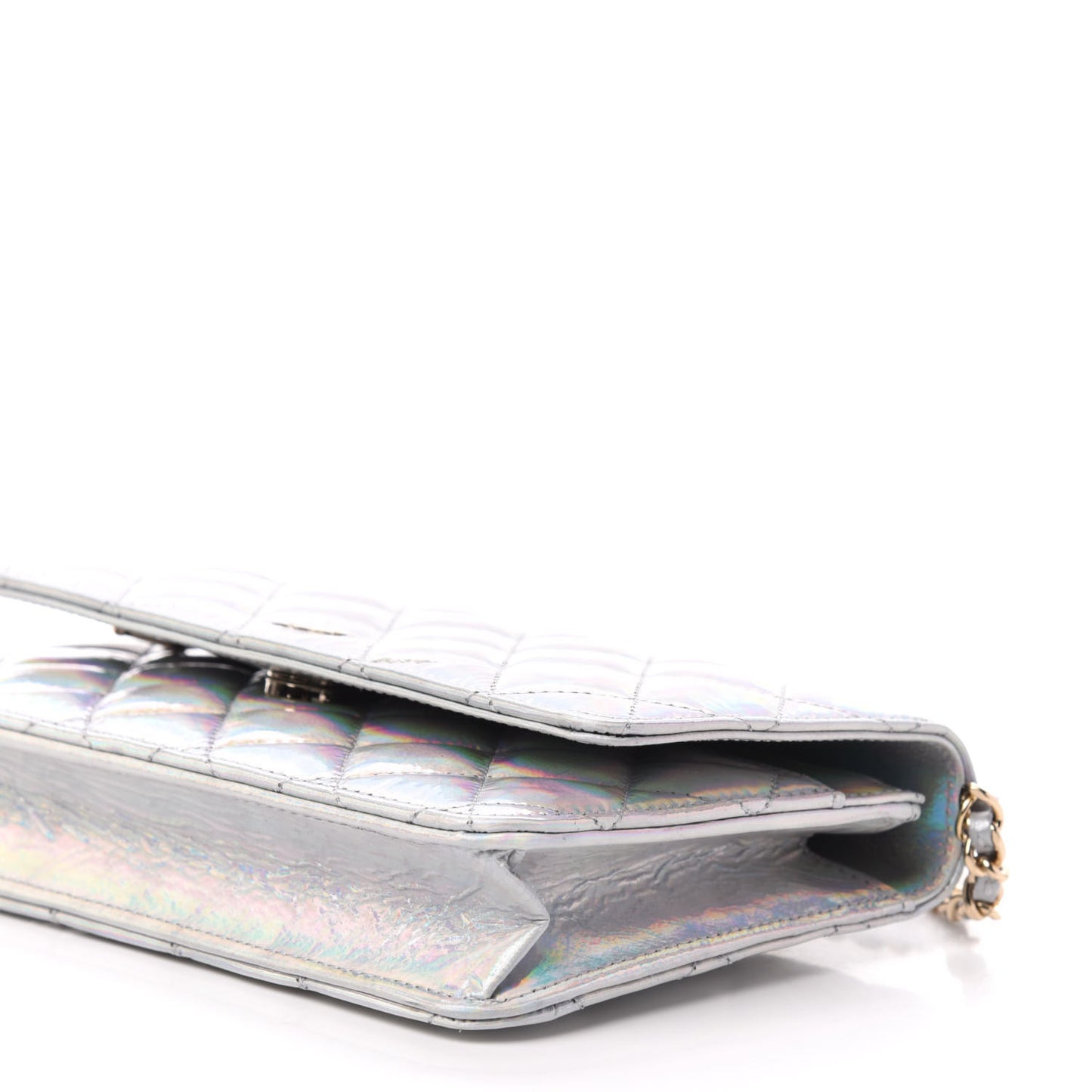Iridescent Goatskin Quilted Wallet On Chain WOC Silver