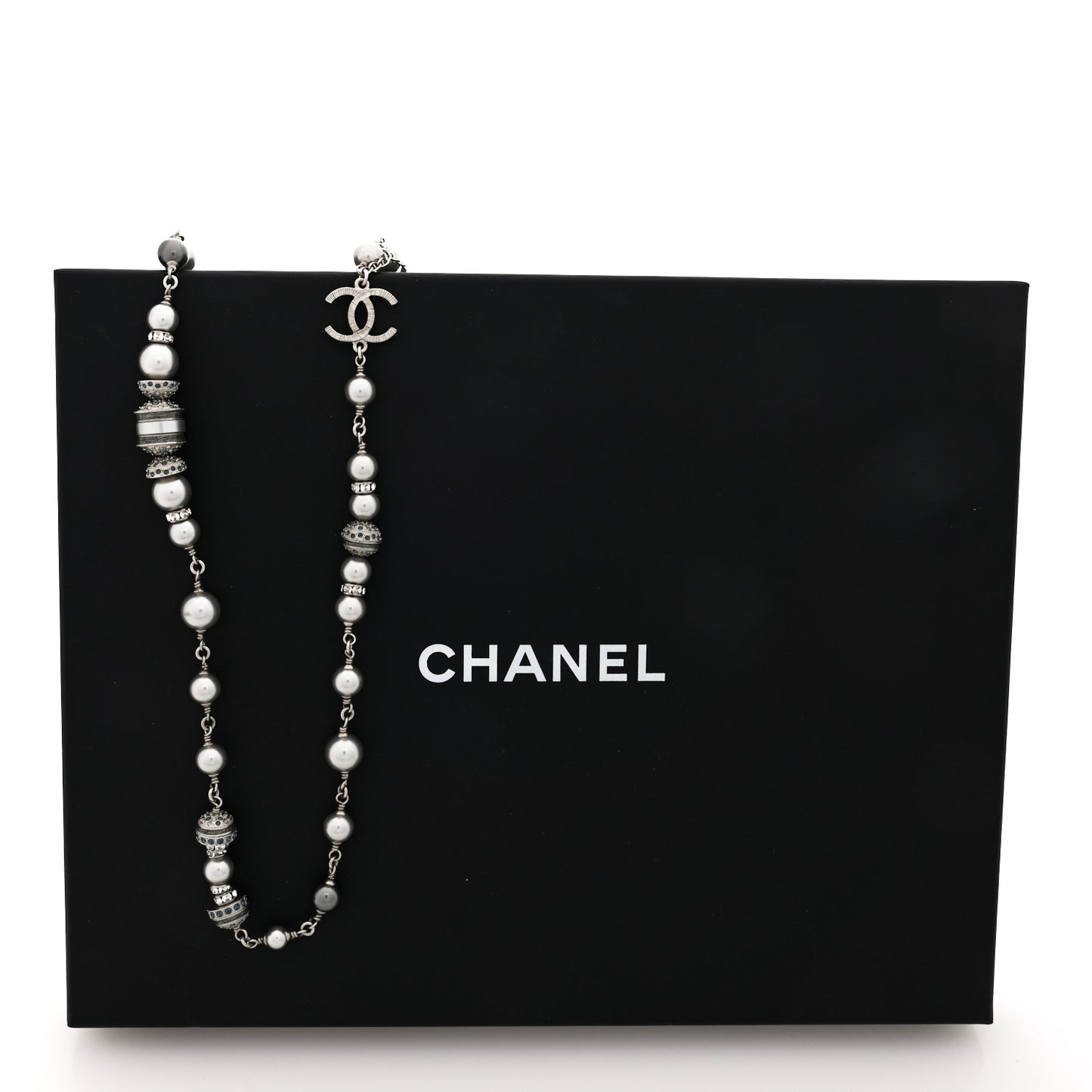 Metal Crystal Pearl CC Long Necklace Silver