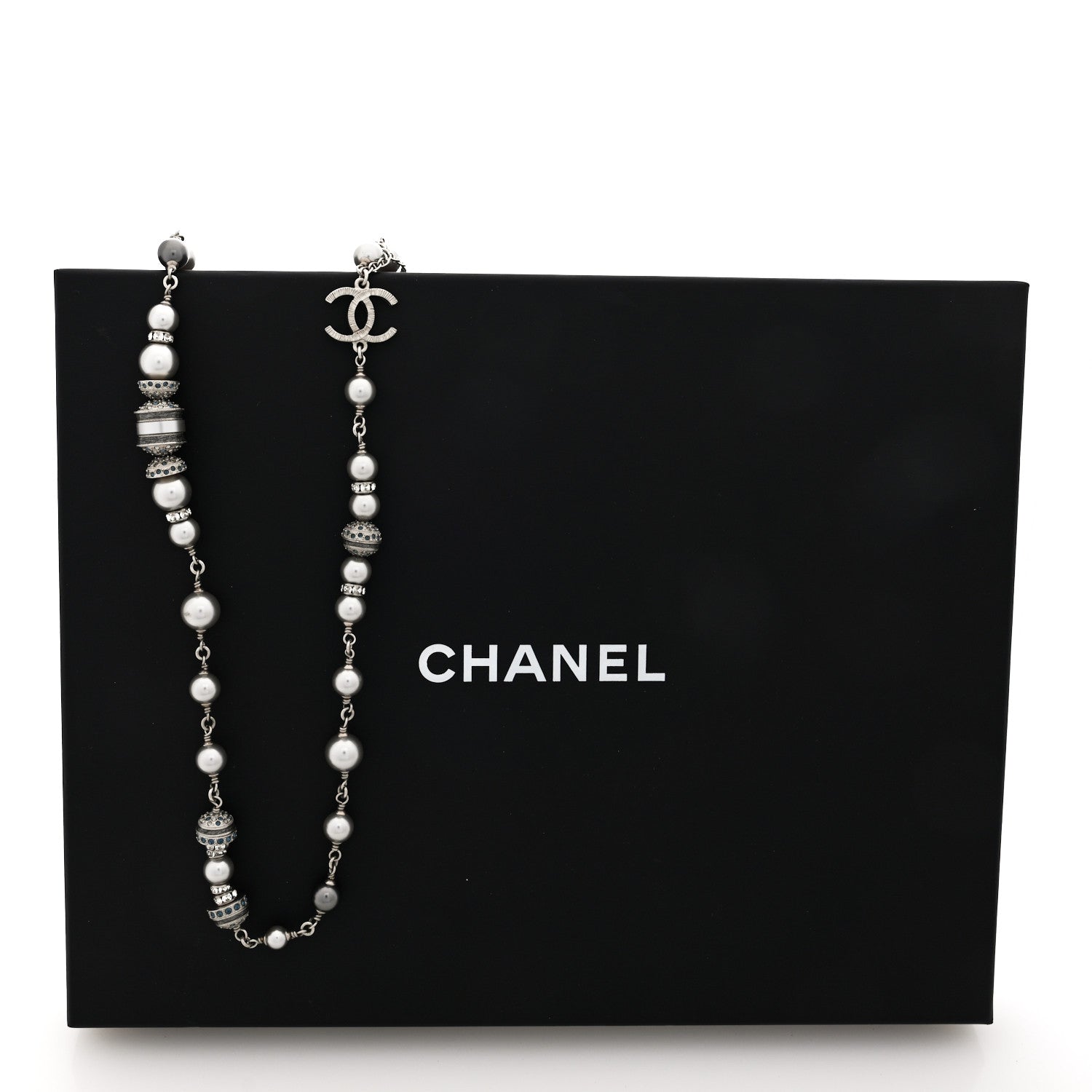 Chanel Metal Crystal Pearl CC Long Necklace Silver 5 of 5