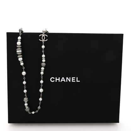 Chanel Metal Crystal Pearl CC Long Necklace Silver 5 of 5