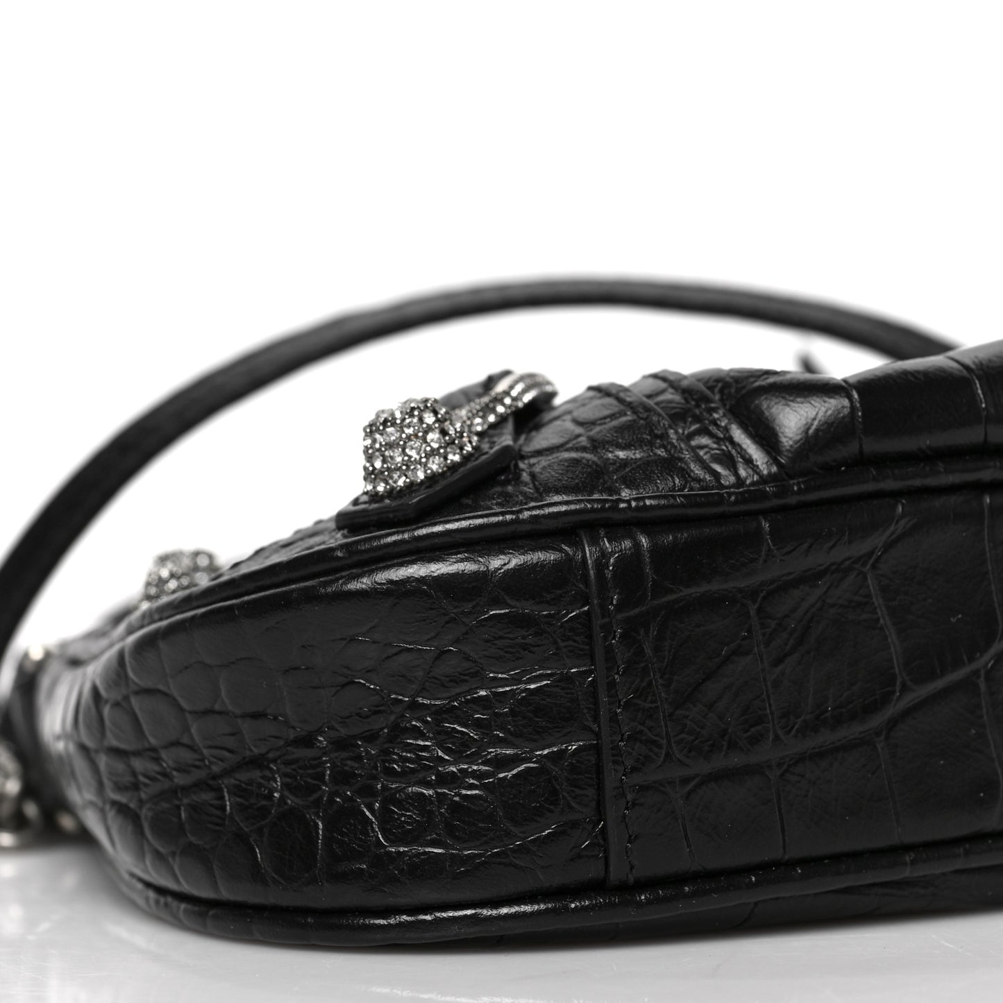 Extra Supple Calfskin Crystal Crocodile Embossed Le Cagole Mini Purse With Chain Black