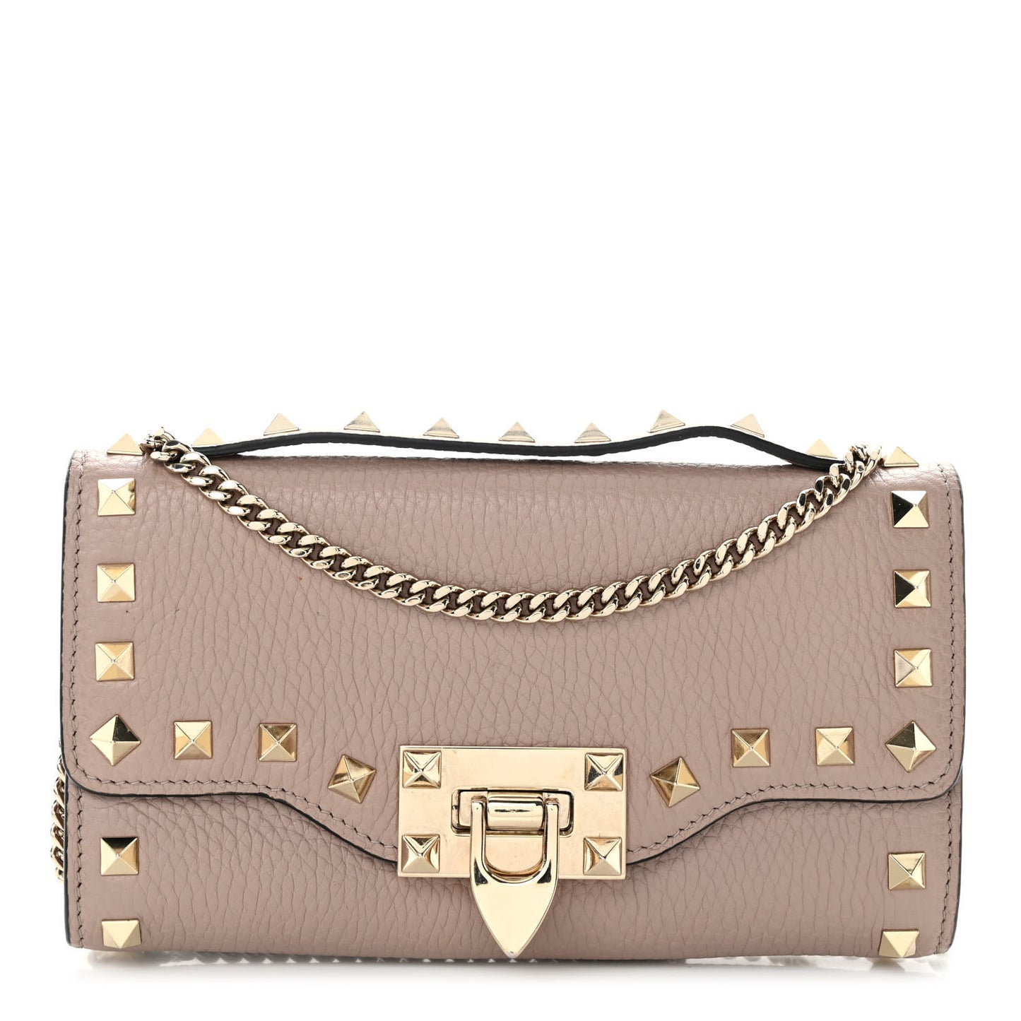 Pebbled Calfskin Rockstud Flip Lock Wallet On Chain Poudre